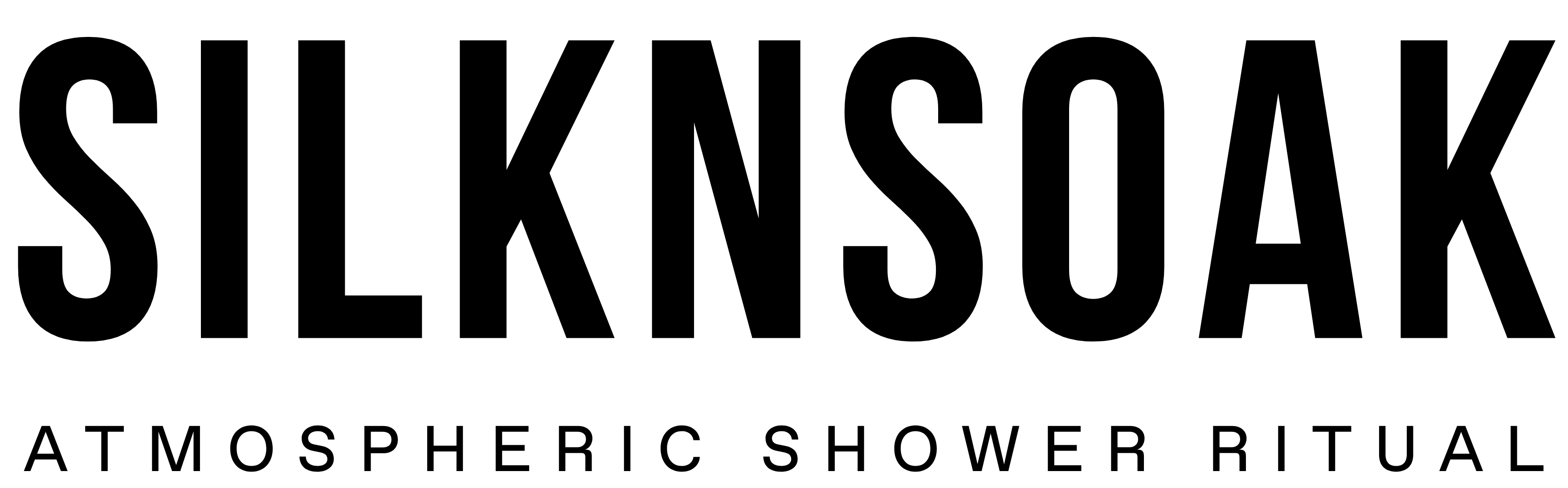 Black 'SILKNSOAK' logo with text 'Atmospheric Shower Ritual' on a white background