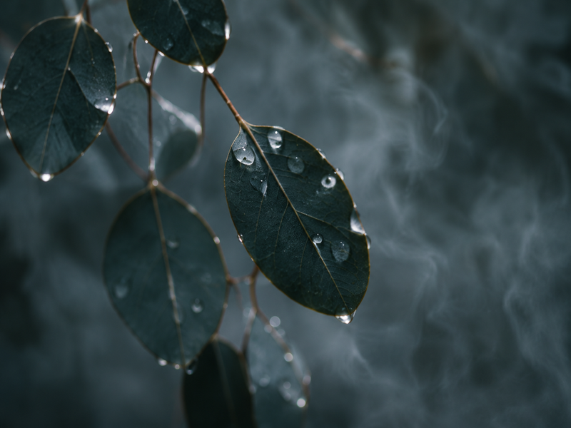 Fresh eucalyptus botanical atmosphere with cool mist and spa-inspired calm.