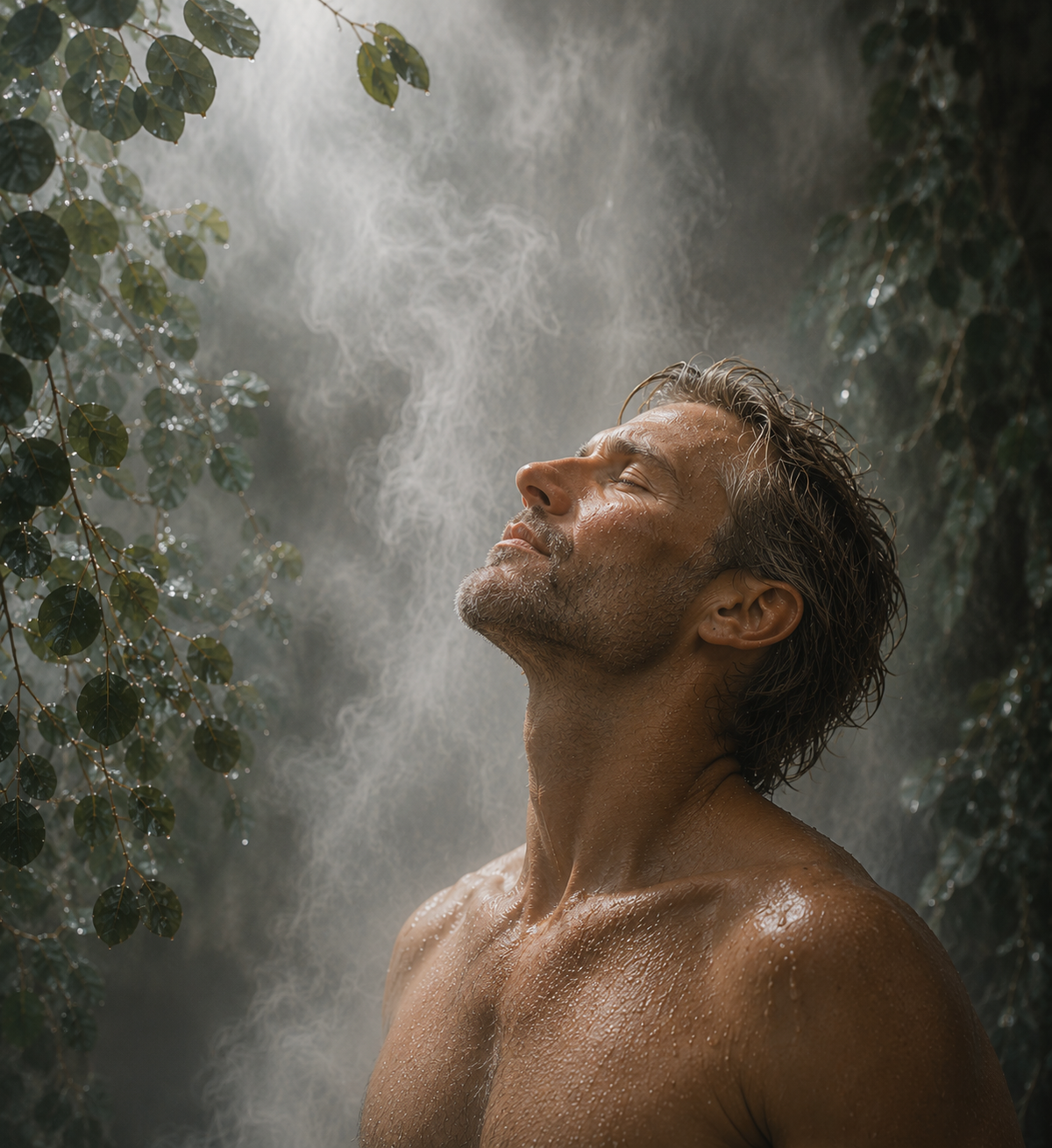 Man surrounded by steam and eucalyptus leaves representing the Breathe ritual state of clarity and calm.
