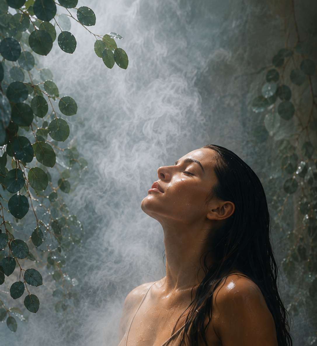 Woman surrounded by steam and eucalyptus leaves representing the Breathe ritual state of clarity and calm.