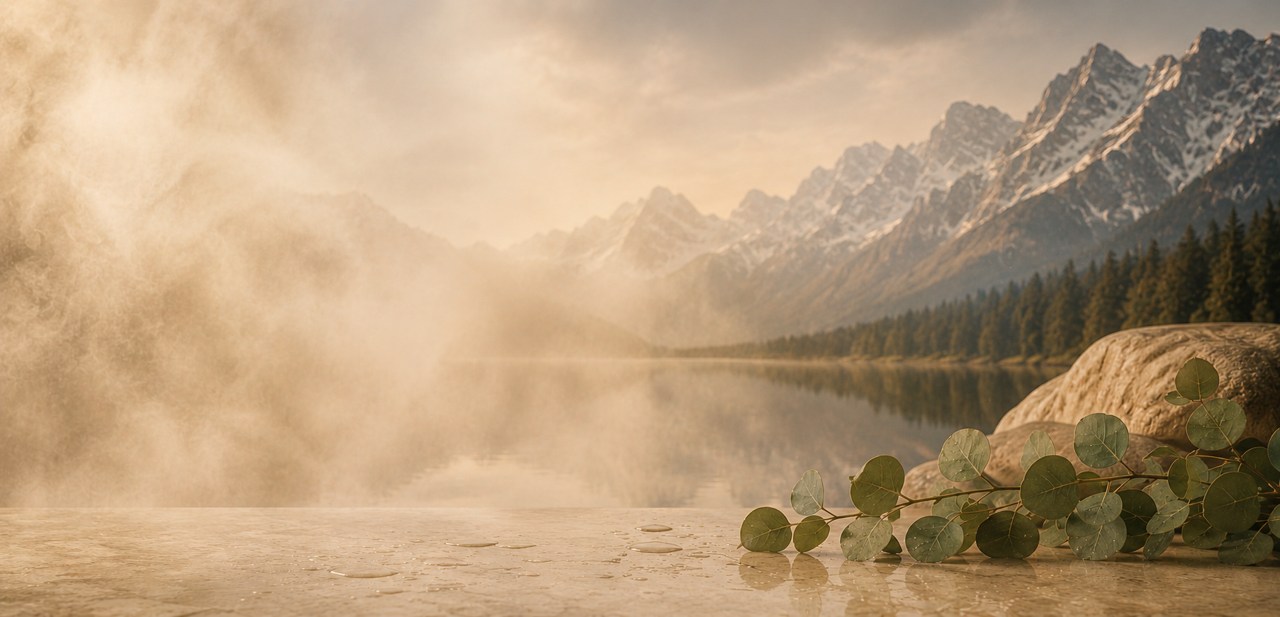 Mist-covered mountain landscape with eucalyptus branches creating a calming wellness atmosphere.