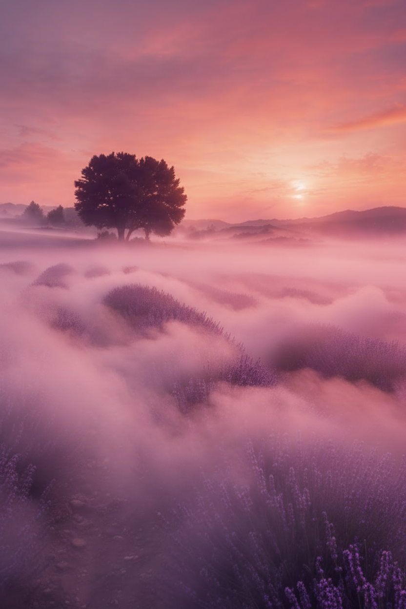 Lavender field covered in soft mist at sunset representing the Unwind ritual state on the Silknsoak homepage.